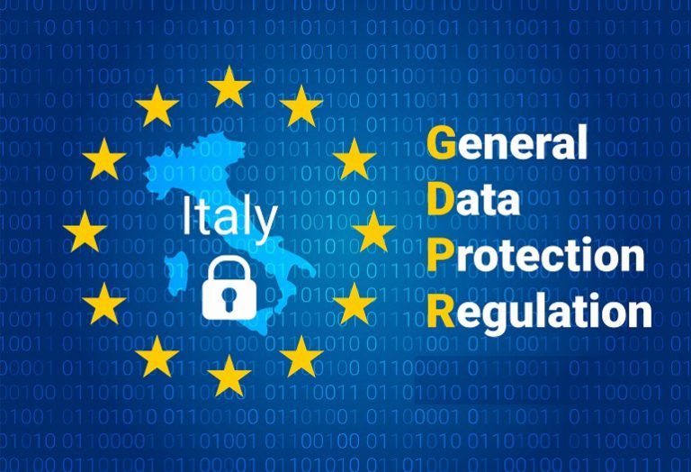 GDPR - General Data Protection Regulation. Map of Italy, EU flag. vector